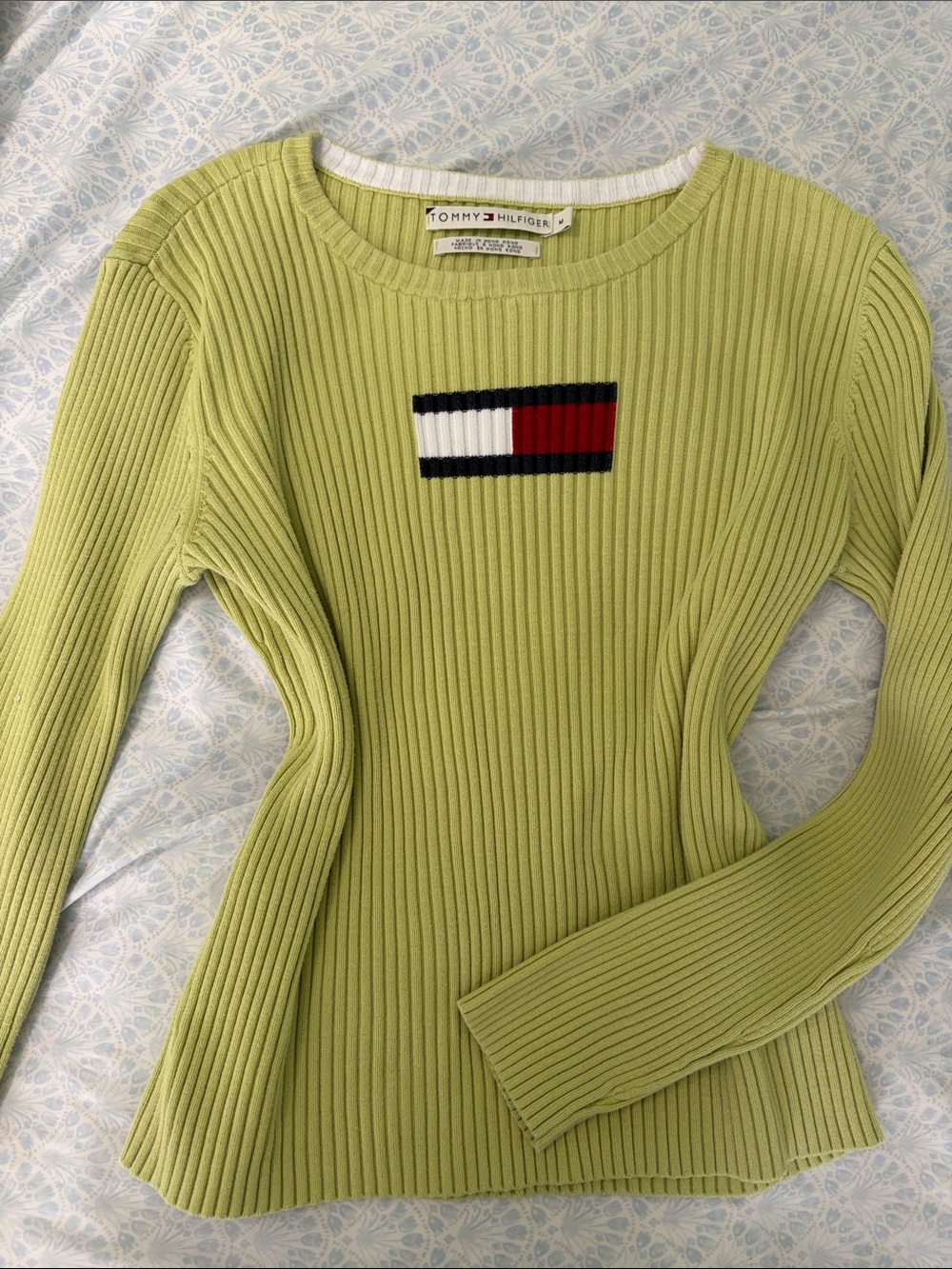 Vintage Y2K Tommy Hilfiger Green Ribbed Long Sleeve (made in Hong Kong)